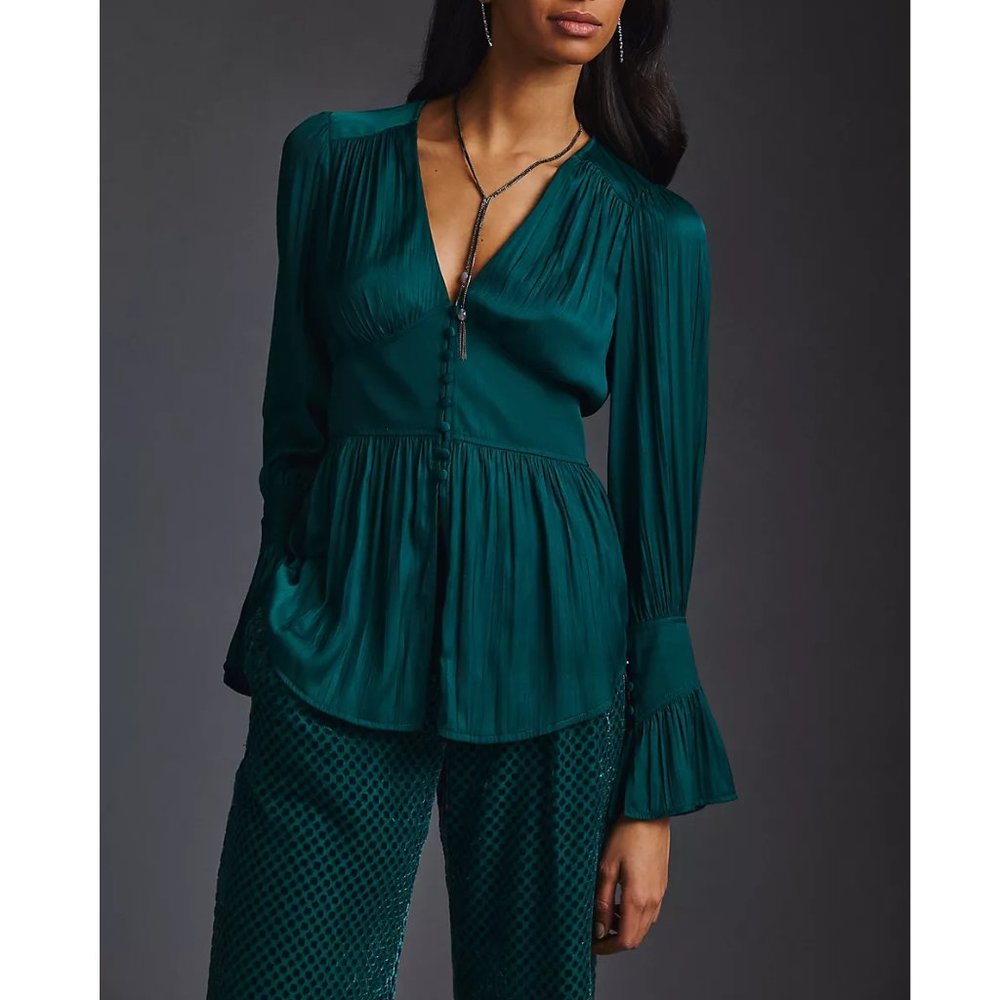 By Anthropologie Deep-V Tunic Top Green Satin XXS 2XS 00